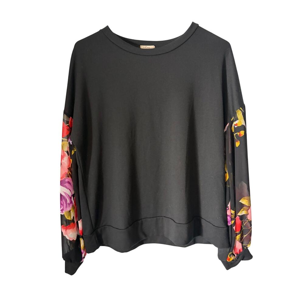 L. Luna Black Mixed Media Floral Sheer Sleeve Top Large Romantic Boho Blouse